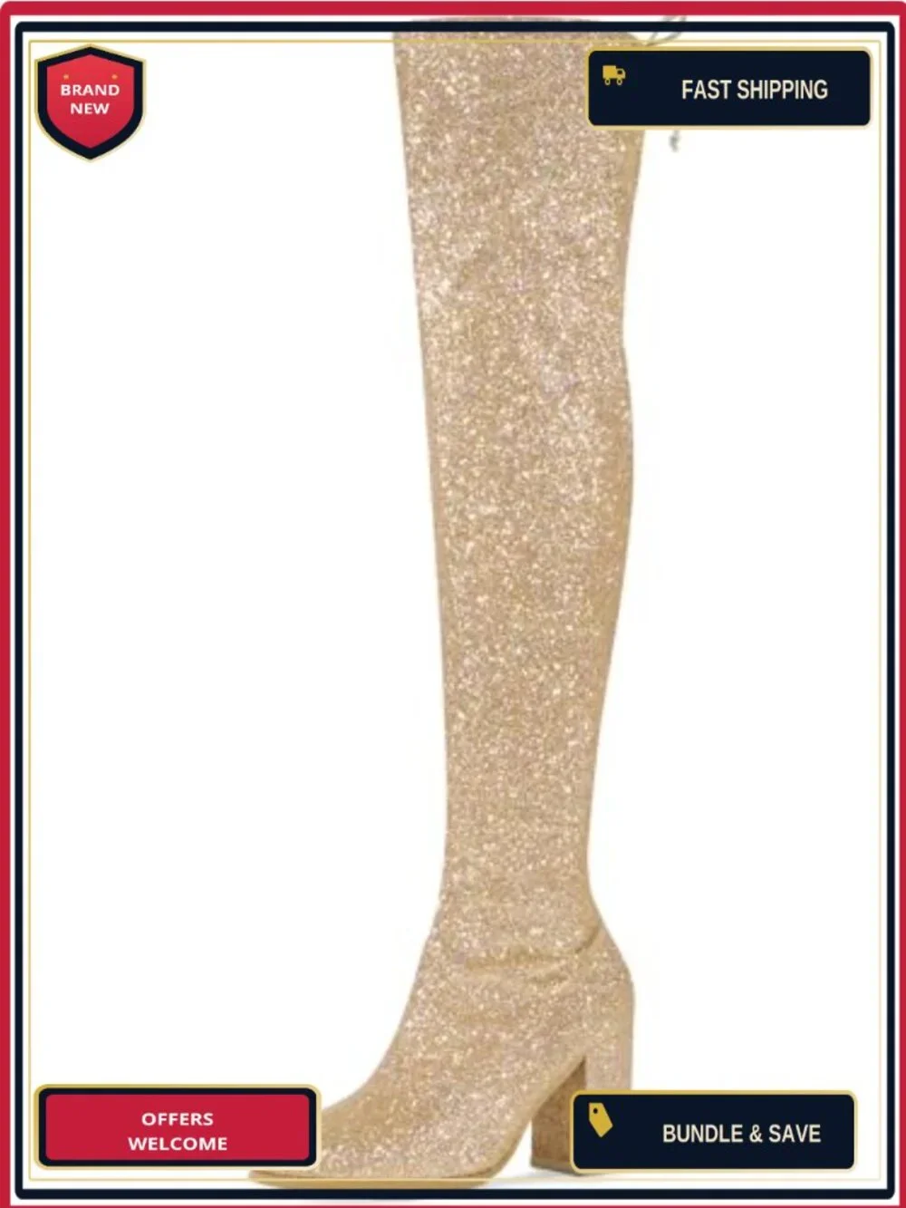 Glitter Over the Knee Boots Chunky Heel Round Toe Lace Up